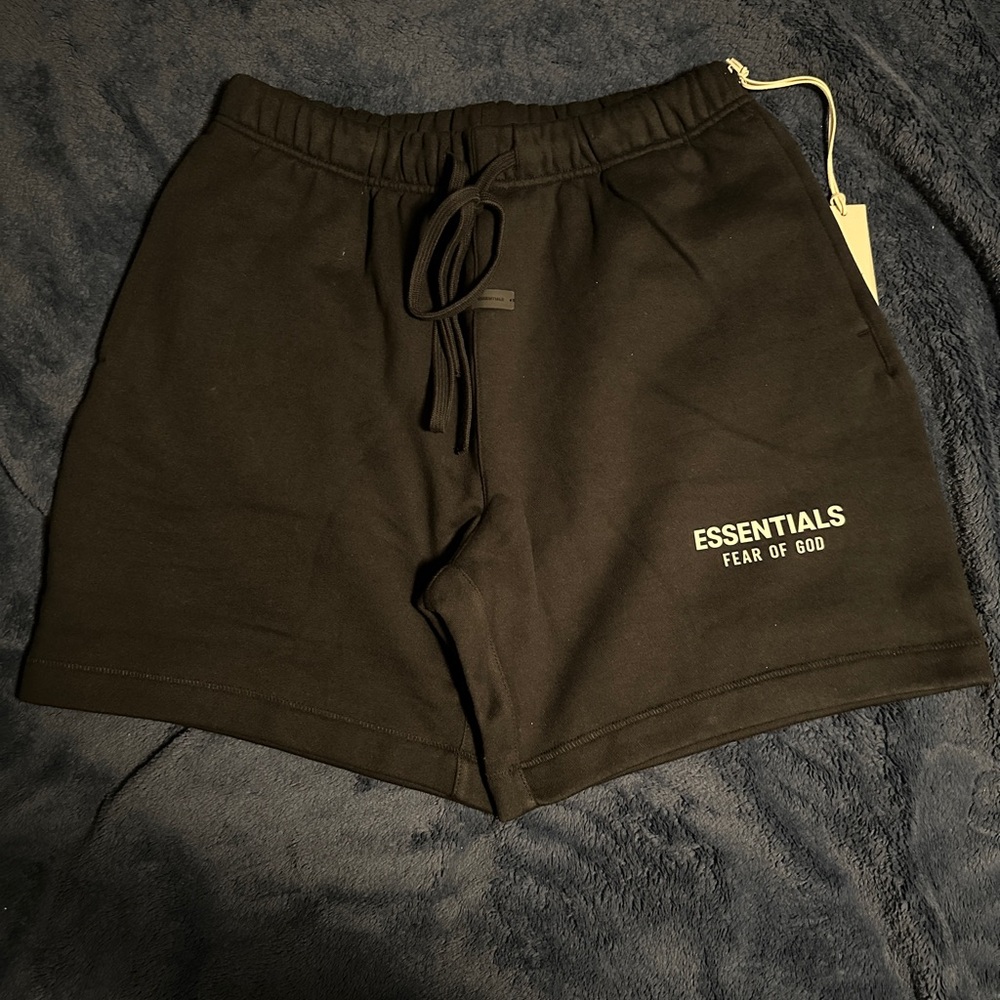 Fear of God Essentials jet black soccer fleece shorts